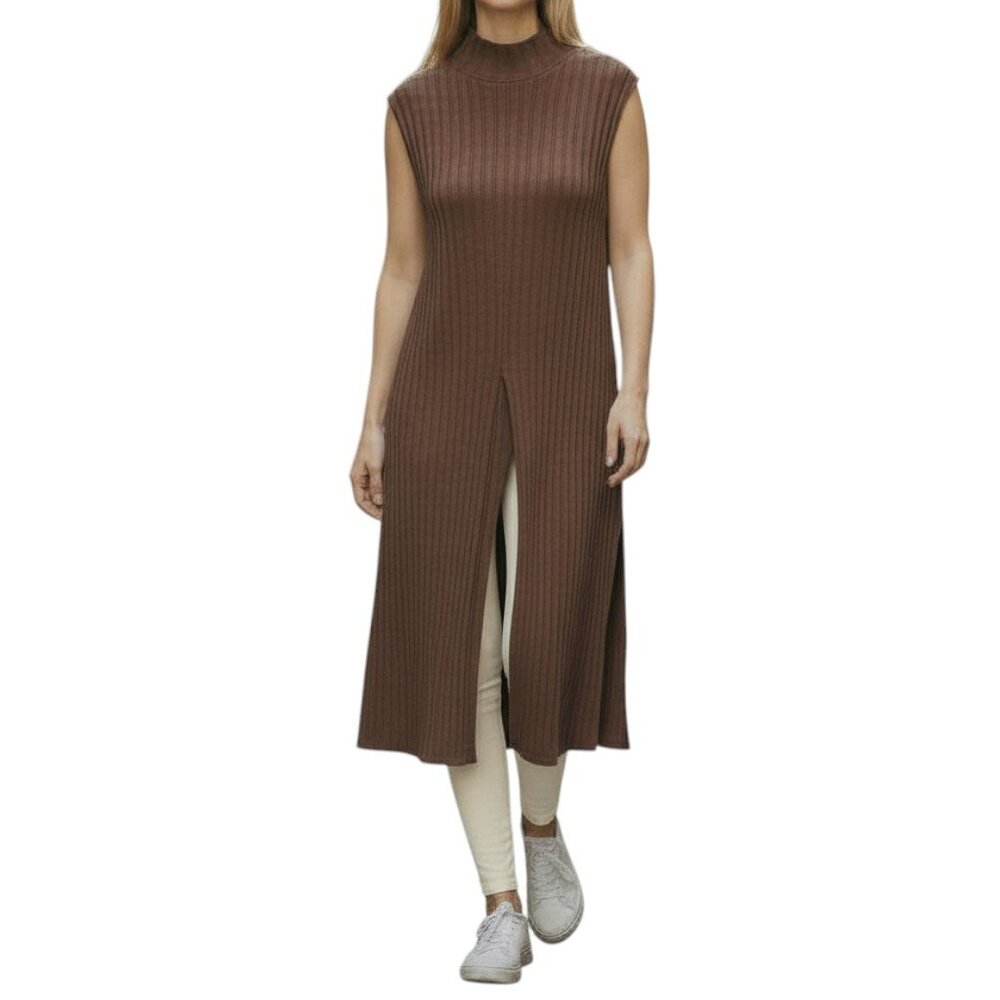 ZARA Brown Turtleneck Sleeveless Long Sweater Top with Front Slit - Size Large